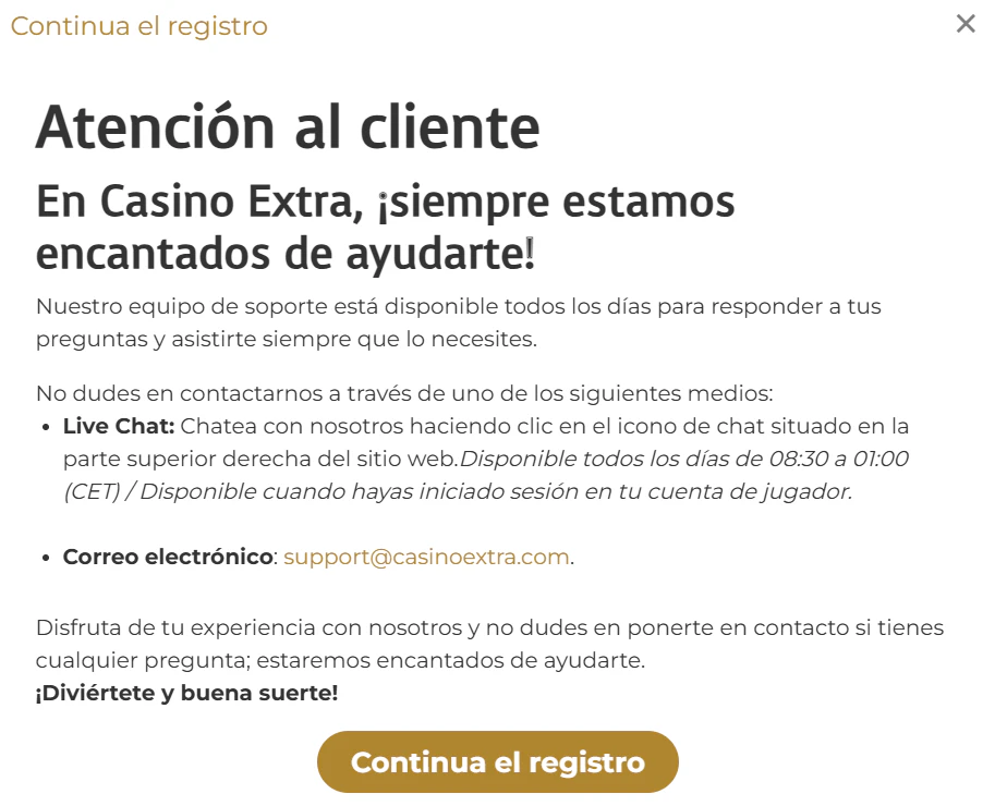 Opciones de asistencia y contacto disponibles para clientes de Casino Extra